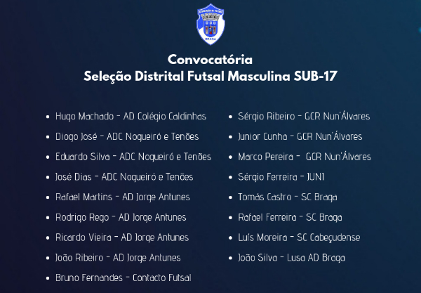 Convocatória Seleção Distrital Futsal Masculina Sub-17
